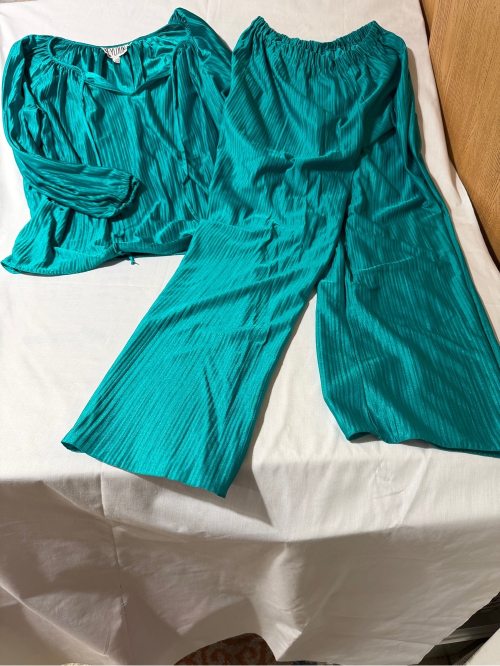 Women's Teal Satin Pajama Set - Relaxed Top & Wide-Leg Pants